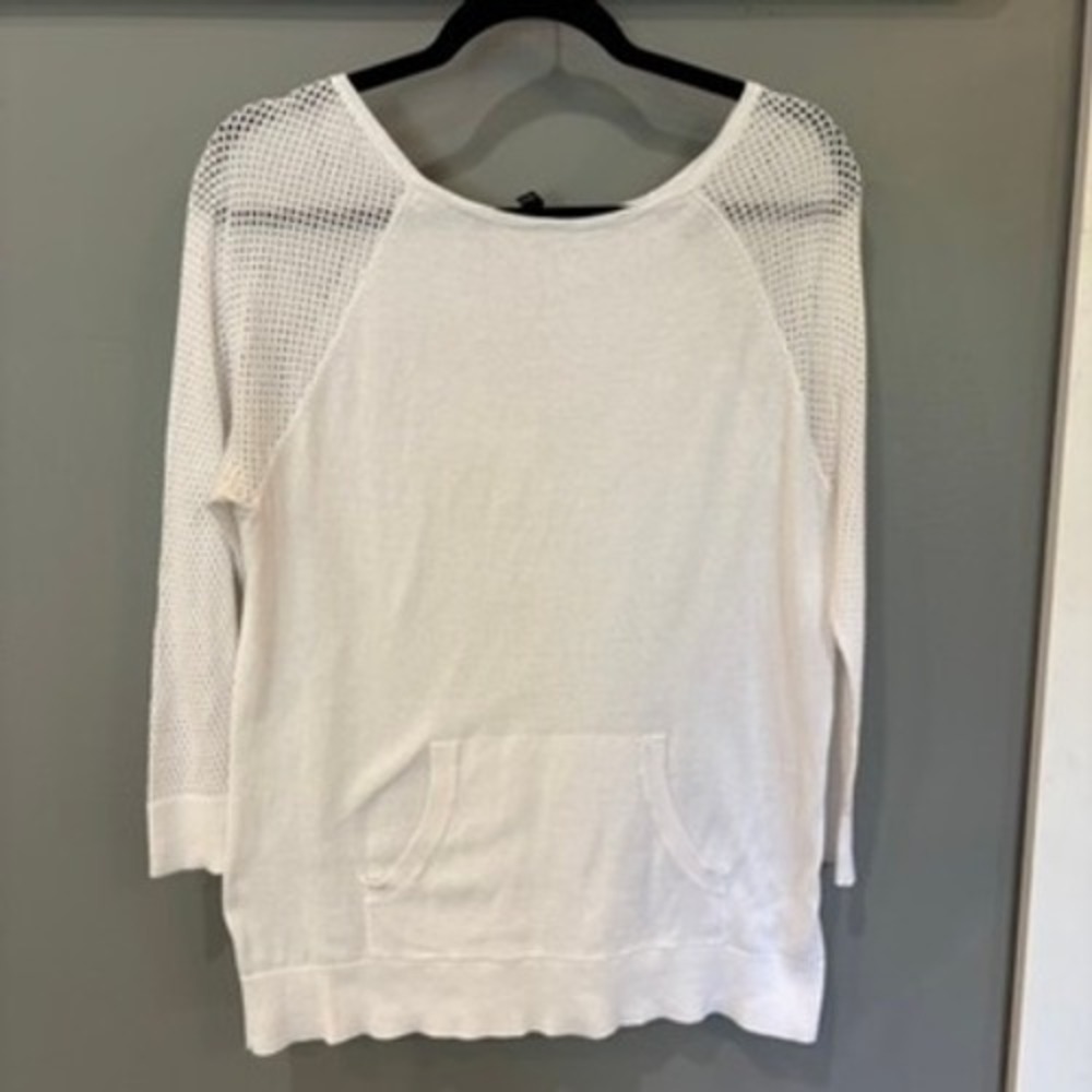 Chaps Womens White 100% Cotton Mesh Sleeve Sweater M Beach Coastal Minimalist